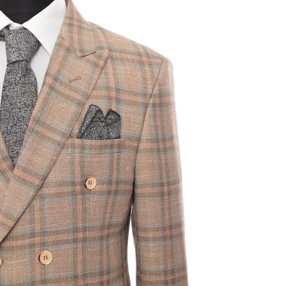 Slim Fit Plaid Jacket, Double Breasted Cream/Brown - Picture 5 of 5